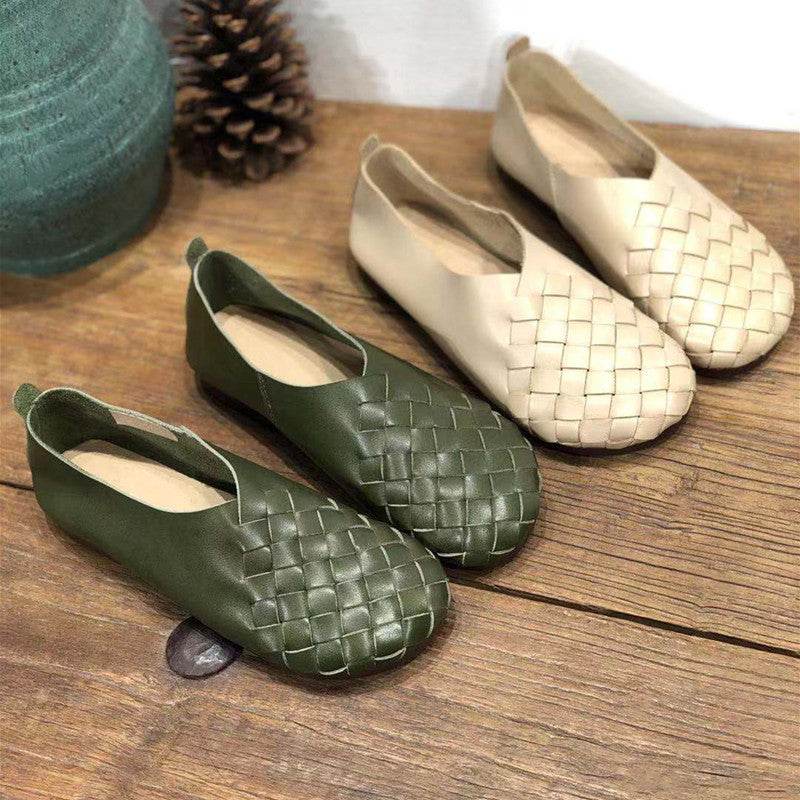 Retro Round Toe Flat Bottom Soft Cowhide Woven Women's Shoes - Pasha