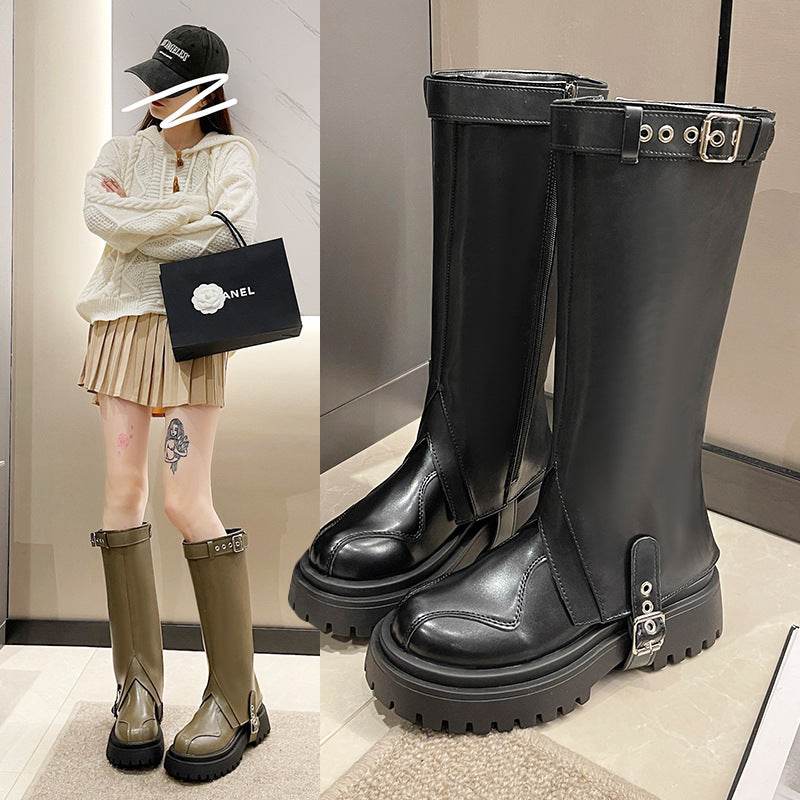 New Thick Bottom Two-way Belt Buckle High Leg Boot - Pasha