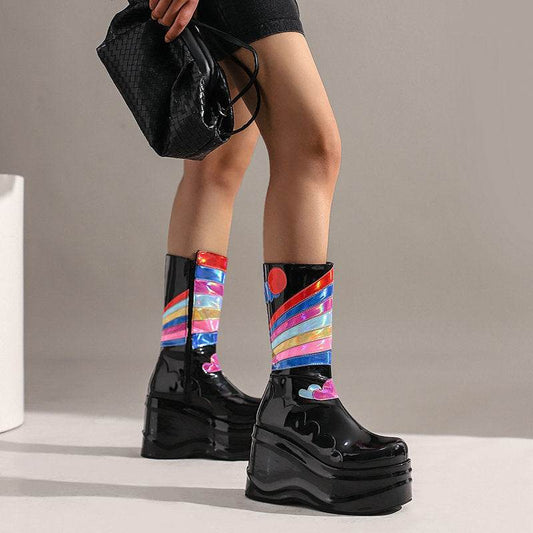 Kids&Women's Fashion Platform Knee-High Punk Side Boots – Stylish Black Boots with Wedge Heel - Pasha
