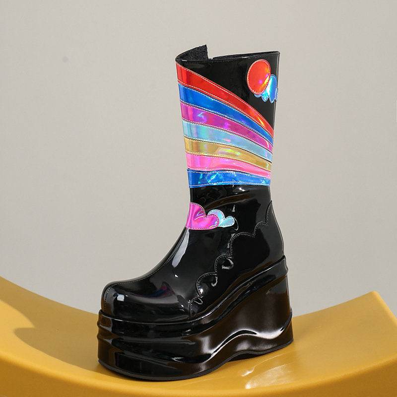 Kids&Women's Fashion Platform Knee-High Punk Side Boots – Stylish Black Boots with Wedge Heel - Pasha