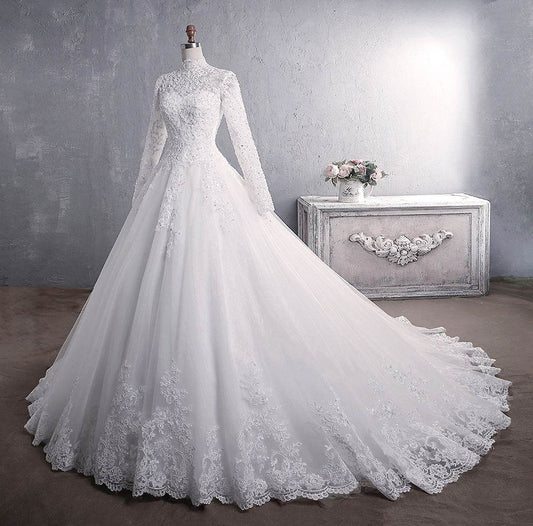 Long Sleeve Lace Wedding Dress – High Collar Style - Pasha