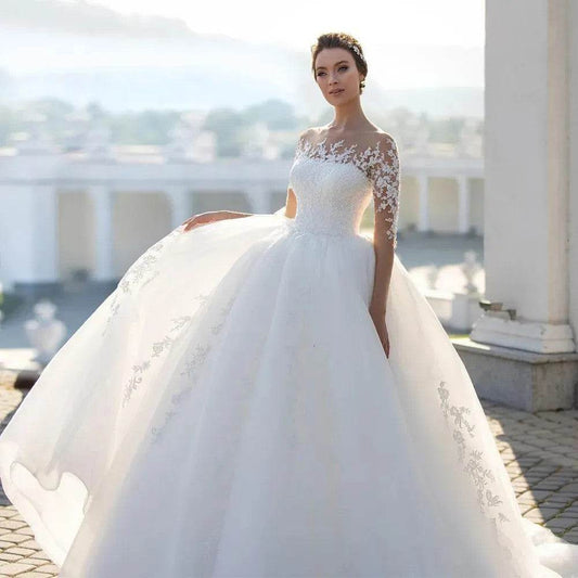 Long Sleeve Chiffon Wedding Dress – Embroidered Gown - Pasha