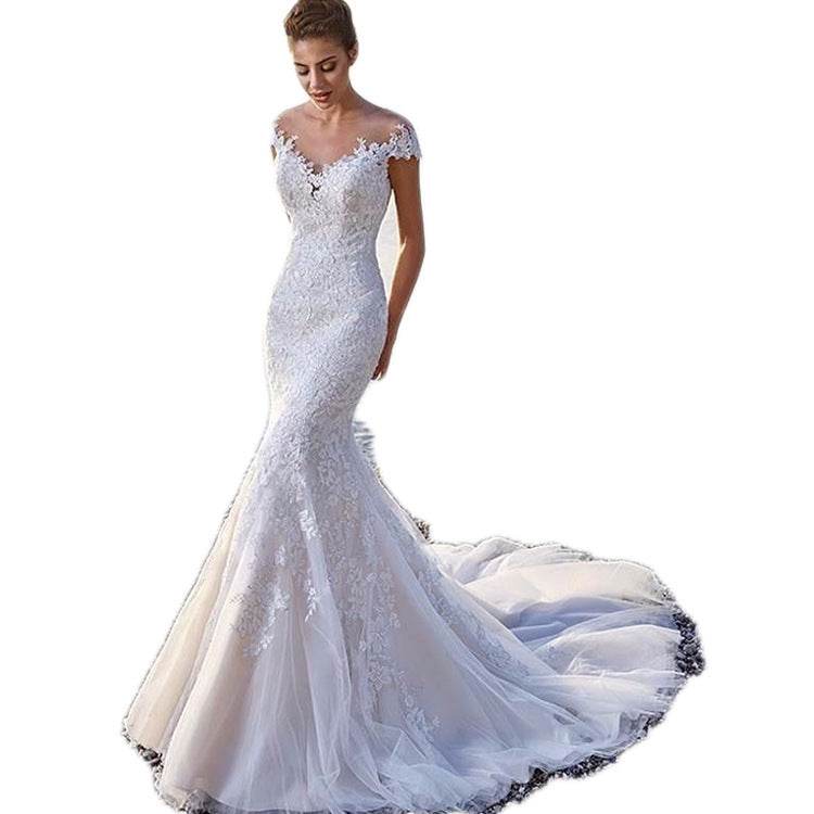 Elegant White Lace Wedding Dress with a Long Train - Pasha