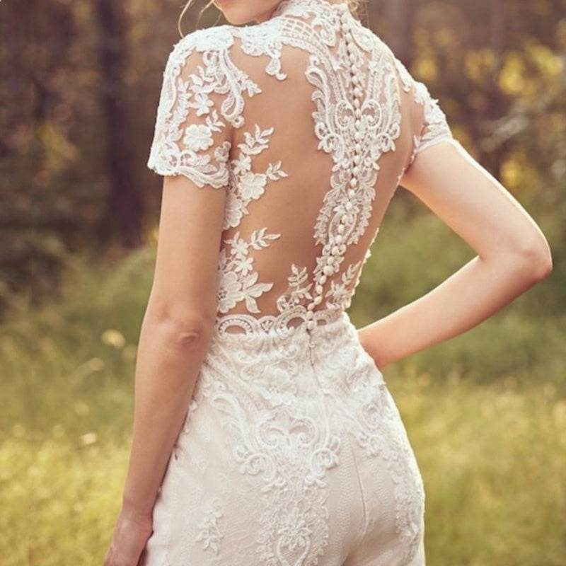 Bride Pants Suit Wedding Bridal Gowns Short Sleeve Jumpsuit - Pasha