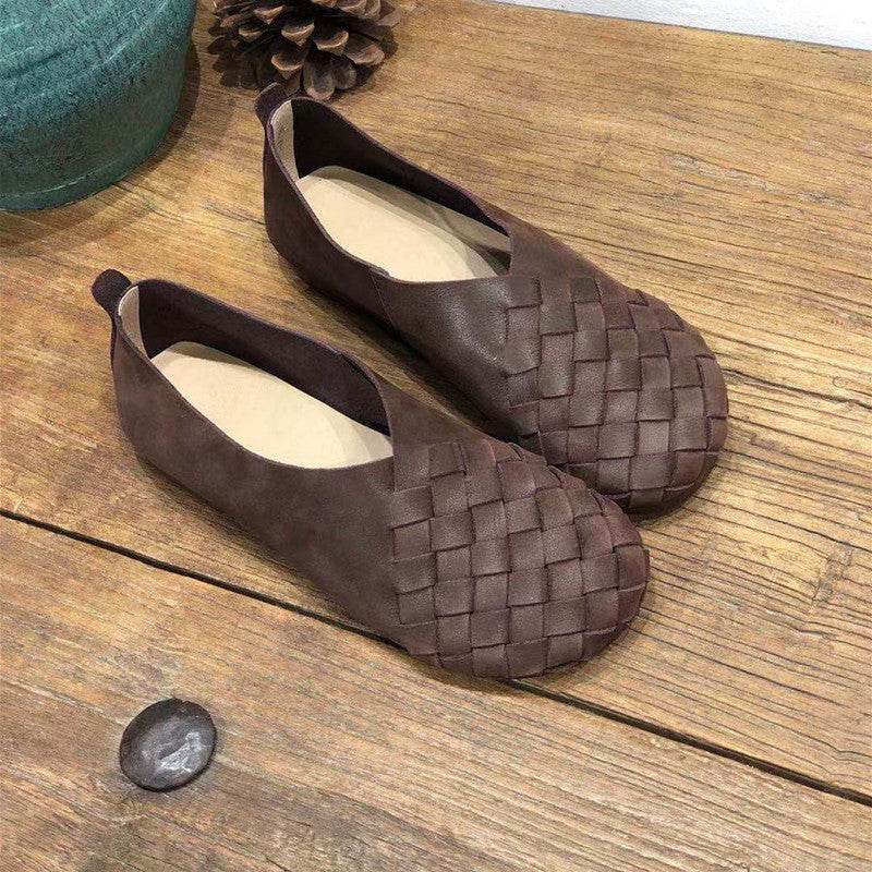 Retro Round Toe Flat Bottom Soft Cowhide Woven Women's Shoes - Pasha