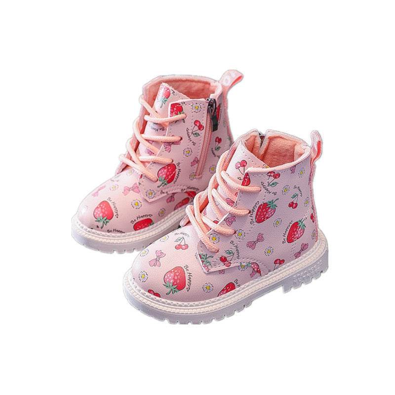 Girls Martin Boots with Cute Strawberry Pattern – Waterproof & Warm Winter Boots for Girls - Pasha