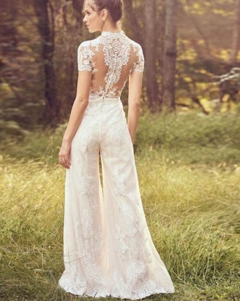 Bride Pants Suit Wedding Bridal Gowns Short Sleeve Jumpsuit - Pasha