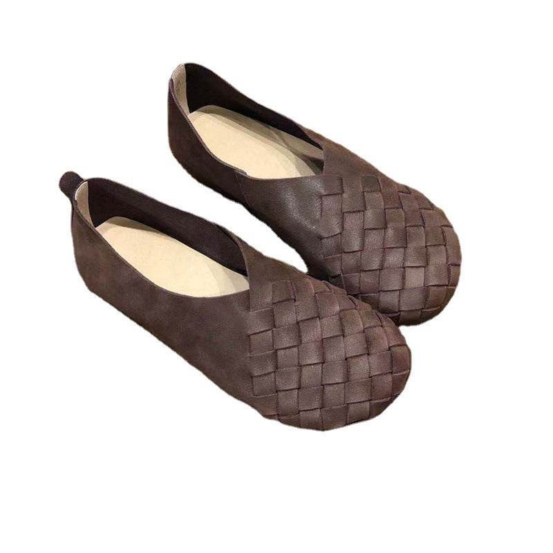 Retro Round Toe Flat Bottom Soft Cowhide Woven Women's Shoes - Pasha