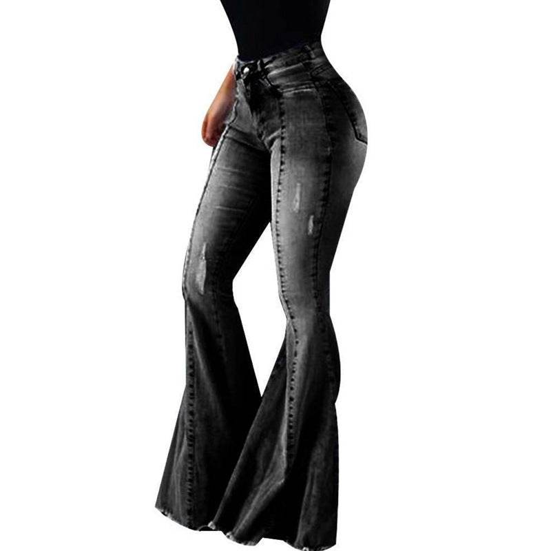 Elastic High-Waist Ripped Denim- Bell-Bottom Pants for women - Pasha