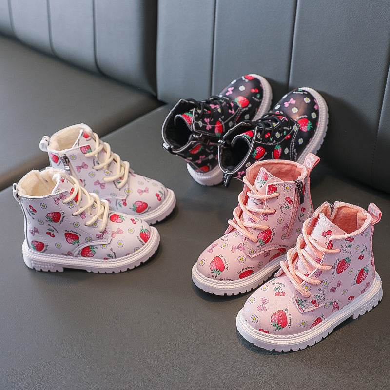 Girls Martin Boots with Cute Strawberry Pattern – Waterproof & Warm Winter Boots for Girls - Pasha